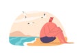 Anxious Man With Aquaphobia Sits On Beach, Avoiding Water. Fear Of Swimming Keeps Him On The Shore, Vector Illustration