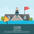 Anxious man sitting on roof of house after water flood .