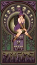 Sexy witch and moon, art nouveau greeting card