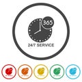 Any time working service or support. Set icons in color circle buttons