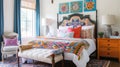 An eclectic bedroom is a vibrant mix of styles, colors, and textures, AI generated