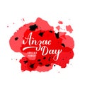 Anzac day calligraphy hand lettering isolated on white. Red poppy flower symbol of Remembrance day. Lest we forget. Vector