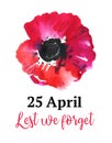 Anzac day design template with poppy flower and title. Hand drawn watercolor sketch illustration Royalty Free Stock Photo