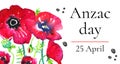 Anzac day horizontal banner template with growing poppies and title. Hand drawn watercolor