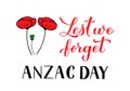 Anzac day Lest we forget calligraphy hand lettering isolated on white. Red poppy flowers symbol of Remembrance day Royalty Free Stock Photo