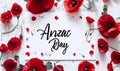 Anzac Day - lettering calligraphy text, poppy flowers on white background. Remembrance day symbol