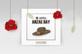 Anzac Day poppies memorial anniversary holiday. Lest we forget. Anzac Day 25 April Australian war remembrance day poster or greeti