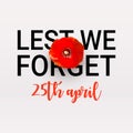 Anzac Day Poppy banner, card. Lest We Forget quote. 25th April date.