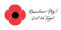 Anzac Day vector banner. Red Poppy flower illustration and lettering - Remembrance Day and Lest We forget.