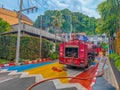 Back view of red fire truck on a fire scene in Ao Nang, Thailand Royalty Free Stock Photo