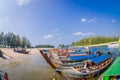 AO NANG, THAILAND - MARCH 05, 2018: Above view of fishing thai boats at the shore of Po-da island, Krabi Province