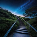 aof stairs leading up to a sky filled with stars and a bright light at the top of the stairs is a stairway leading up to a dark Royalty Free Stock Photo
