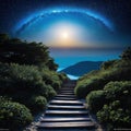 aof stairs leading up to a sky filled with stars and a bright light at the top of the stairs is a stairway leading up to a dark Royalty Free Stock Photo