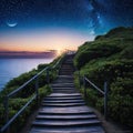 aof stairs leading up to a sky filled with stars and a bright light at the top of the stairs is a stairway leading up to a dark Royalty Free Stock Photo