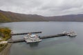 Aerial view of cruise parked at the Lake Towada harbour Royalty Free Stock Photo