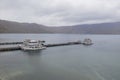 Aerial view of cruise parked at the Lake Towada harbour Royalty Free Stock Photo