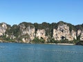 Aonang, Krabi / Thailand - February 11, 2019: Aonang Beach, the beautiful and famous place in Thailand, blue sky and green sea.