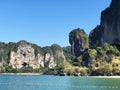 Aonang, Krabi / Thailand - February 11, 2019: Aonang Beach, the beautiful and famous place in Thailand, blue sky and green sea.