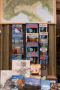 Aosta, Italy. In the historic center of the town, Aosta tourist guide books, geographic maps of Italy and mountain-themed books.