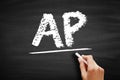 AP - Accounts Payable is money owed by a business to its suppliers shown as a liability on a company`s balance sheet, acronym tex