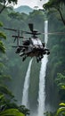 Apache helicopter flying between the green trees in the jungle Royalty Free Stock Photo