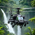 Apache helicopter flying between the green trees in the jungle Royalty Free Stock Photo