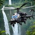 Apache helicopter flying between the green trees in the jungle Royalty Free Stock Photo