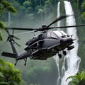 Apache helicopter flying between the green trees in the jungle Royalty Free Stock Photo