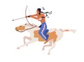 Apache warrior, horse rider on horseback. Armored Native American archer attacking with bow and arrow. Historical tribal