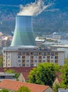 Apartment block in Dresden and a cooling tower Royalty Free Stock Photo