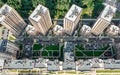 Apartment building complex. courtyard with parked cars. aerial drone photo looking down Royalty Free Stock Photo