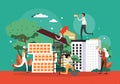 Apartment building construction. Architect, builder worker. Modern city building, flat vector illustration.