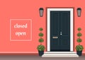 Apartment building with door front with doorstep and steps porch, flower pot, lamp, exterior entrance doors. Vector illustration Royalty Free Stock Photo