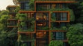 Apartment building exterior in the city with green plants. Concept of ecological living