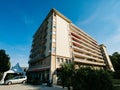 Apartment building in France against blue clear sky