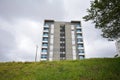 Apartment building, front view, cloudy sky, Brazil, South America, wide angle, bottom-up view Royalty Free Stock Photo