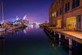 Apartment building and marina at night on the waterfront in Fell Royalty Free Stock Photo