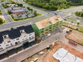 Apartment building under construction top view. Construction site in a small American town