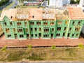 Apartment building under construction top view. Construction site in a small American town