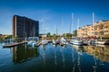 Apartment buildings and boats docked on the waterfront in Canton