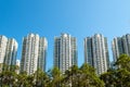 Apartment buildings, residential real estate and blue sky copy space Royalty Free Stock Photo