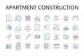 Apartment construction line icons collection. House building, Office renovation, Hotel expansion, Retail development