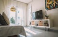 Apartment decorated with a vintage lamp with an antique hairdressing dryer design