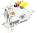 Apartment diagram connected to the wind turbines and photovoltaic and solar panels Royalty Free Stock Photo