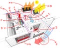 Apartment diagram with floor heating and photovoltaic and solar panels and air conditioning and hand drawn notes Royalty Free Stock Photo