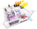 Apartment diagram with floor heating and gas water boiler and photovoltaic and solar panels and air conditioning