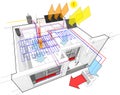 Apartment diagram with radiator heating and gas water boiler and photovoltaic and solar panels and ceiling cooling