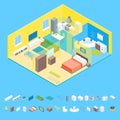 Apartment Family Rooms Interior with Furniture and Elements Isometric View. Vector