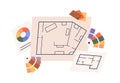 Apartment floor plan, layout and color wheels, palettes. House interior drawing, home project on paper and design colour