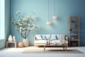 apartment furniture wall minimalism design modern home blue sofa interior room. Generative AI. Royalty Free Stock Photo